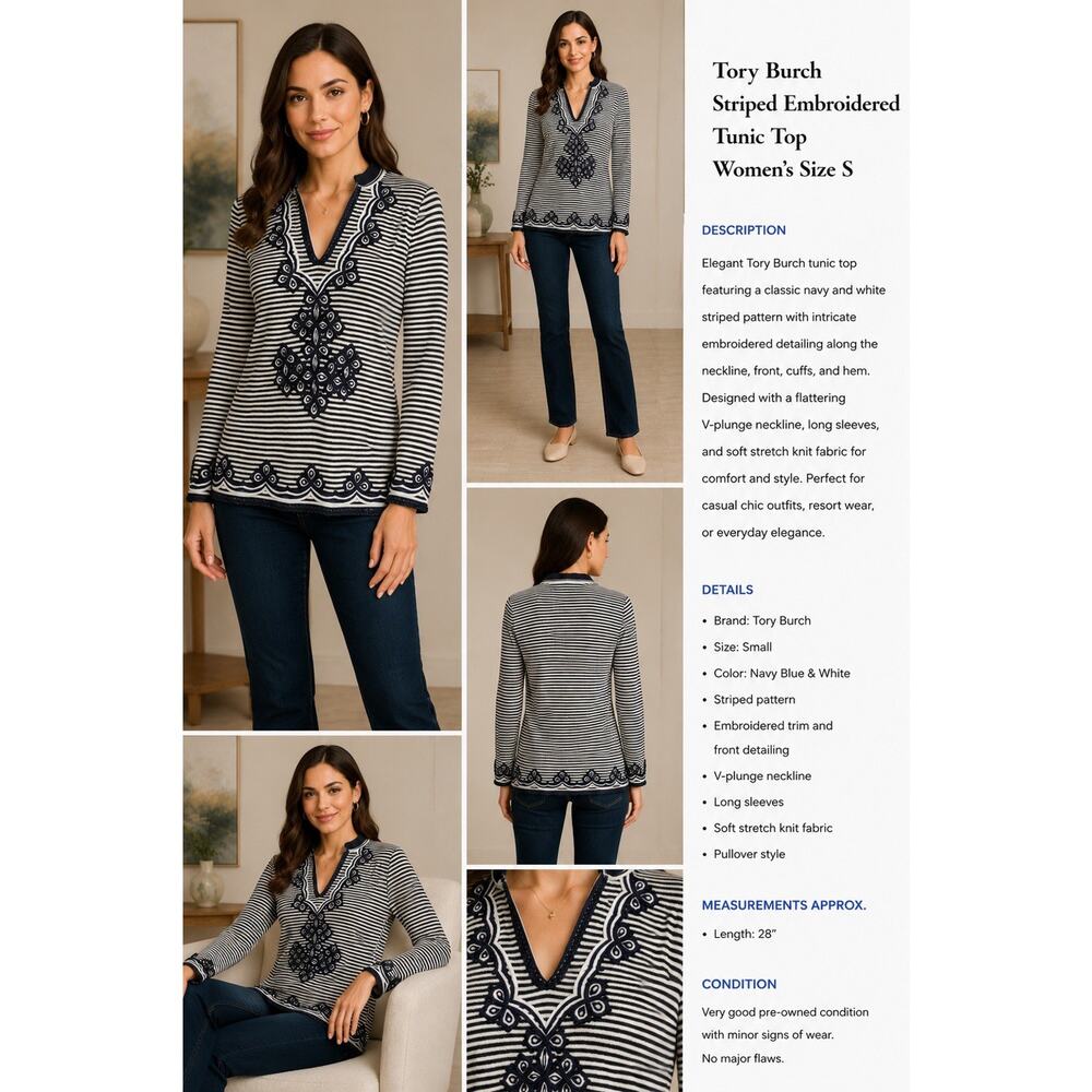 Tory Burch Striped Embroidered Tunic Top Women’s Size S Navy White Long Sleeve